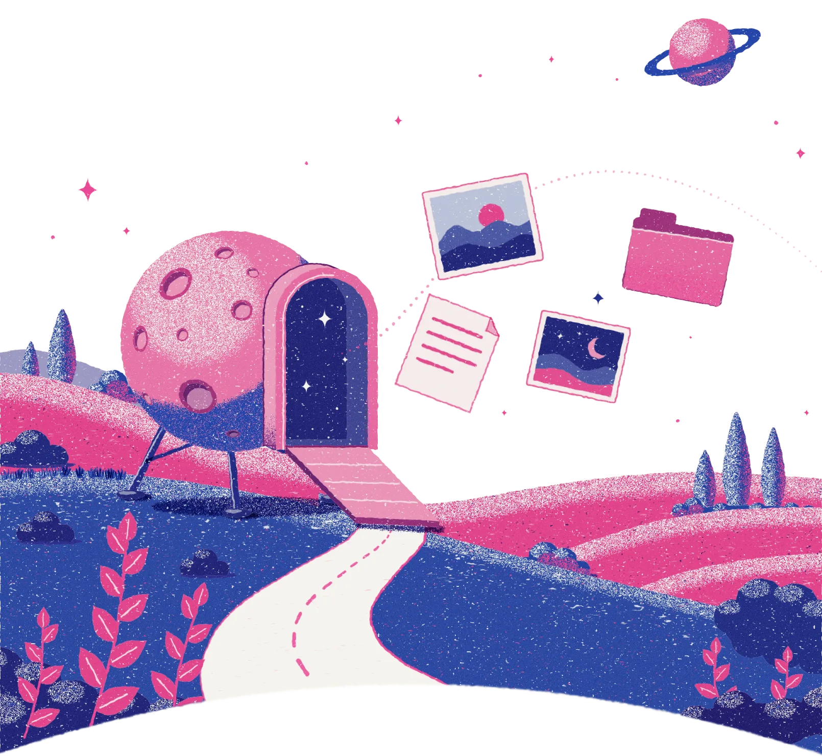 A moon-shaped ship on a hill, with photos, a folder and a note floating toward its open door.