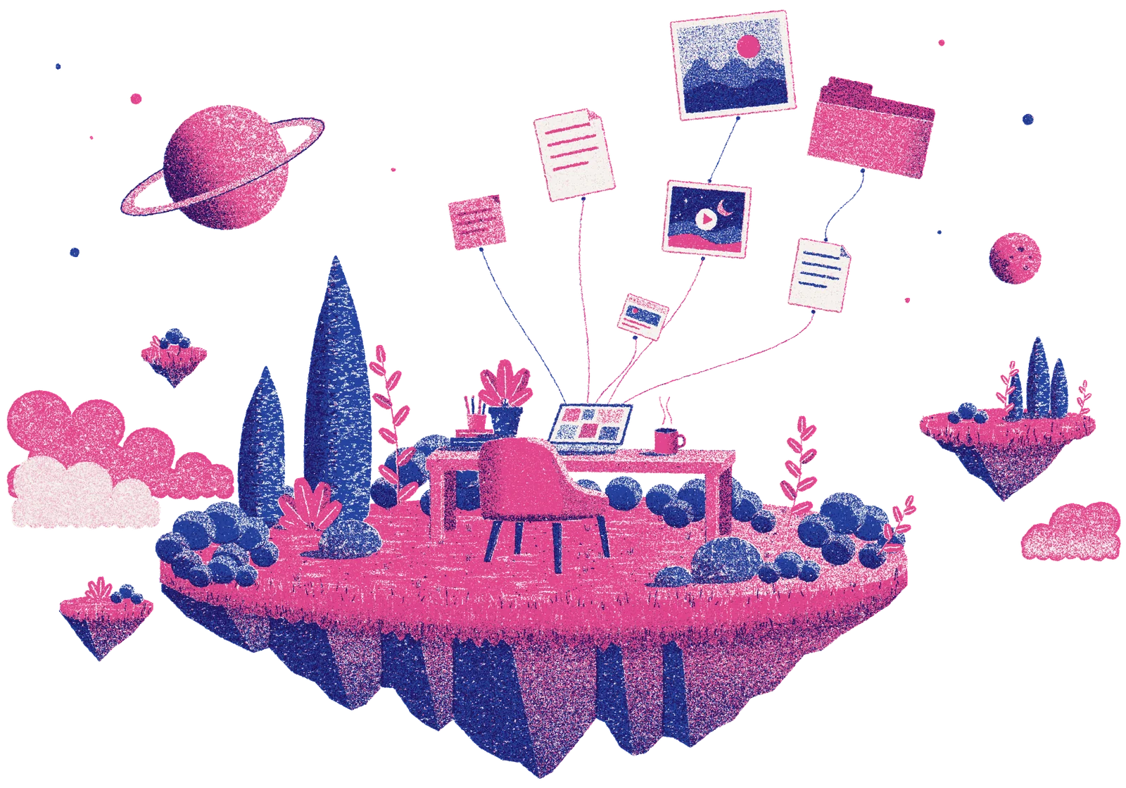 A floating island with a desk, a chair and a laptop. Photos, notes and a folder float above it on strings, among clouds and planets.